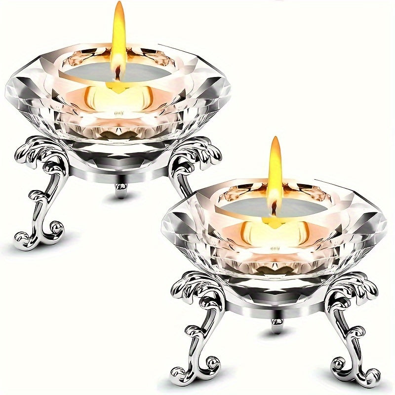 Skorter | 2-piece set with transparent crystal candle holders - European style, romantic diamond candle holders with metal ring base