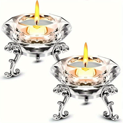 Skorter | 2-piece set with transparent crystal candle holders - European style, romantic diamond candle holders with metal ring base