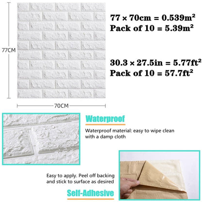 Skorter | 10pcs 3D Wall Sticker Imitation Tile Bedroom Decoration Water Resistant Self Adhesive Wallpaper For Living Room Kitchen TV Background