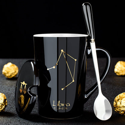 skorter | 12 constellations black ceramic mug with lid spoon