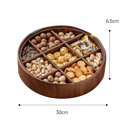 Skorter | BambooSpin – 9-Compartment Serving Tray with Rotating Lid | Premium Bamboo Snack Platter