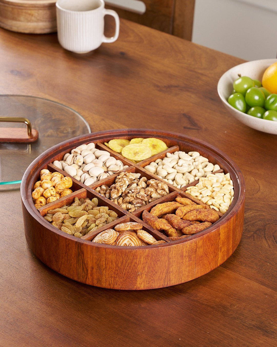 Skorter | BambooSpin – 9-Compartment Serving Tray with Rotating Lid | Premium Bamboo Snack Platter