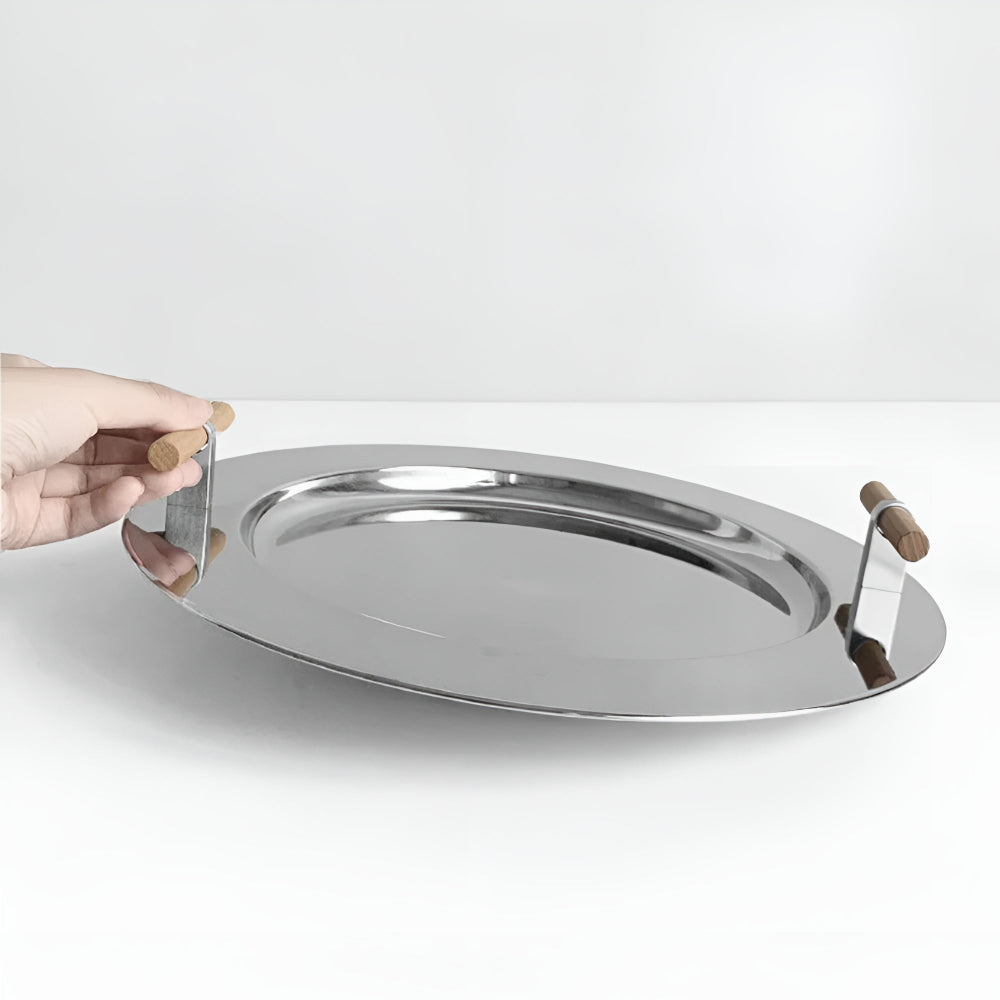 Skorter | Elegant Stainless Steel Round Tray with Wooden Handles