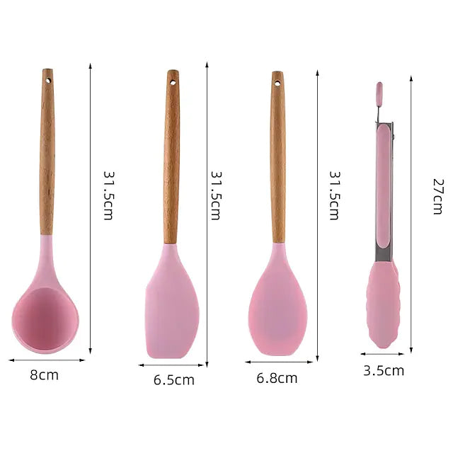 Skorter | 12 Pieces: Wooden Handle Silicone Kitchen Utensils