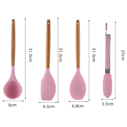 Skorter | 12 Pieces: Wooden Handle Silicone Kitchen Utensils