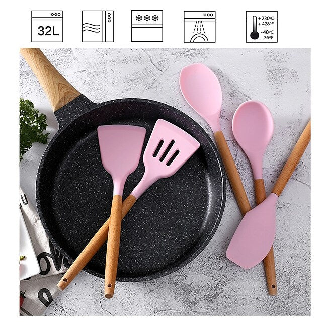 Skorter | 12 Pieces: Wooden Handle Silicone Kitchen Utensils