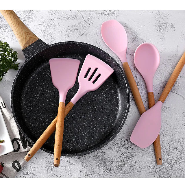 Skorter | 12 Pieces: Wooden Handle Silicone Kitchen Utensils