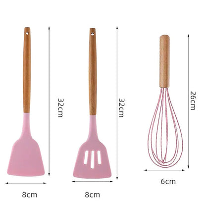 Skorter | 12 Pieces: Wooden Handle Silicone Kitchen Utensils