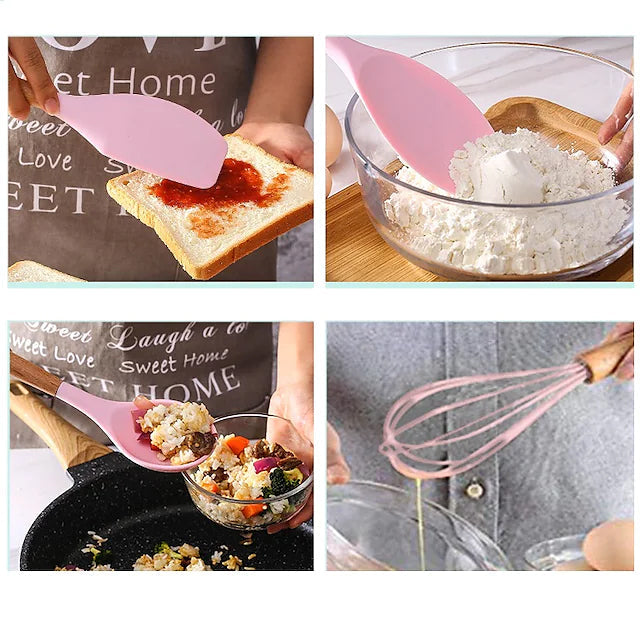 Skorter | 12 Pieces: Wooden Handle Silicone Kitchen Utensils
