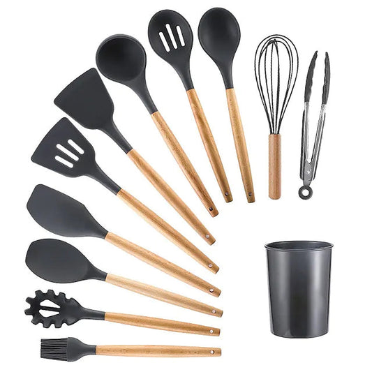 Skorter | 12 Pieces: Wooden Handle Silicone Kitchen Utensils