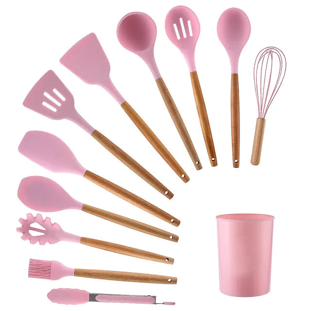 Skorter | 12 Pieces: Wooden Handle Silicone Kitchen Utensils