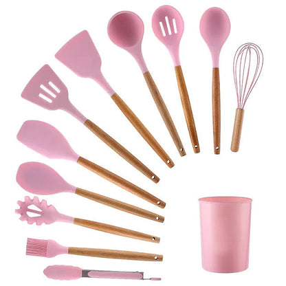 Skorter | 12 Pieces: Wooden Handle Silicone Kitchen Utensils