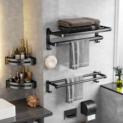Skorter | Black Aluminum Bathroom Accessory Set Modern Bathroom Shelf / Towel Bar & Paper Holder