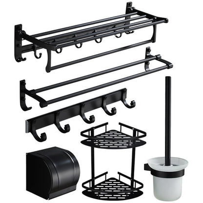 Skorter | 6-piece modern bathroom hardware set in matte black with bathroom shelf/towel holder & bathrobe hook