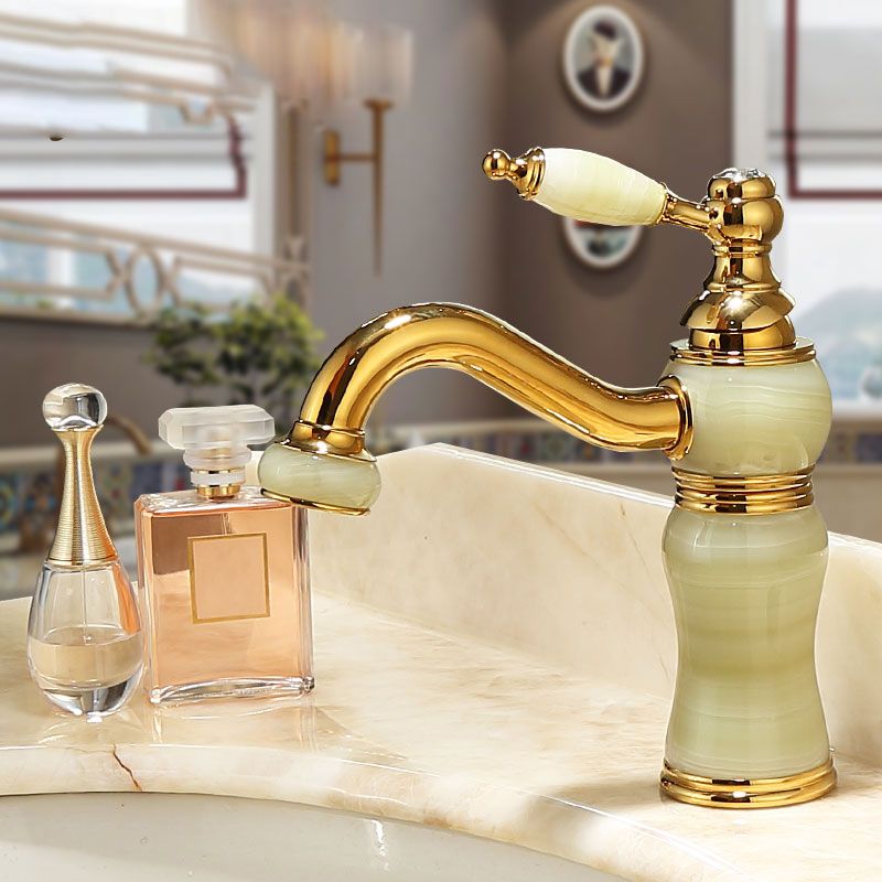 Skorter | Deck Mounted Copper Tub Faucet Low Arc Roman Tub Faucet Set with Jade