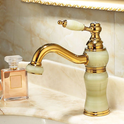 Skorter | Deck Mounted Copper Tub Faucet Low Arc Roman Tub Faucet Set with Jade