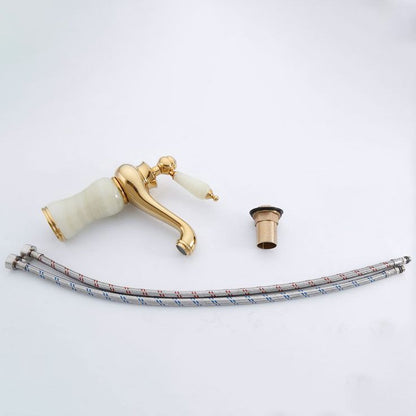 Skorter | Deck Mounted Copper Tub Faucet Low Arc Roman Tub Faucet Set with Jade