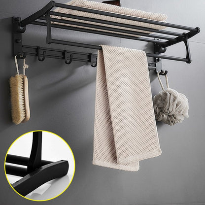 Skorter | 6-piece modern bathroom hardware set in matte black with bathroom shelf/towel holder & bathrobe hooks