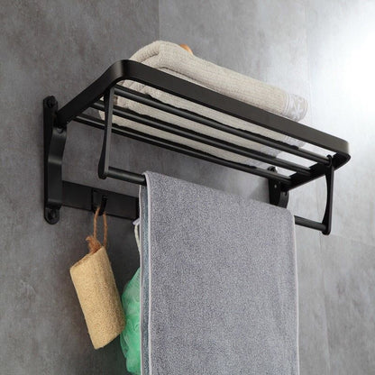 Skorter | 6-piece modern bathroom hardware set in matte black with bathroom shelf/towel holder & bathrobe hook