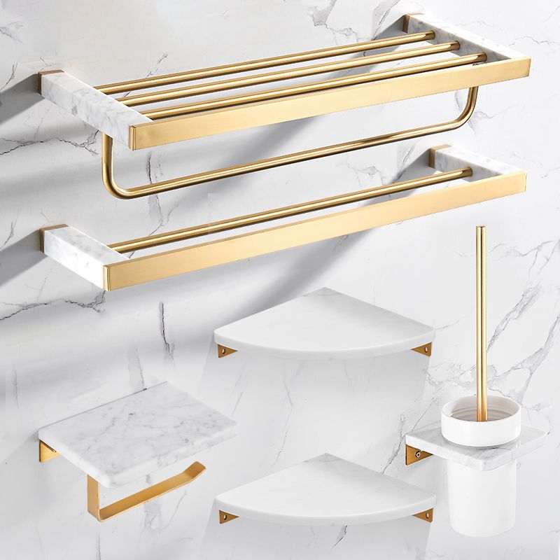 Skorter | Brushed Brass Bathroom Accessory Set Metal & Marble Bathroom Hardware Set with Bath Shelf