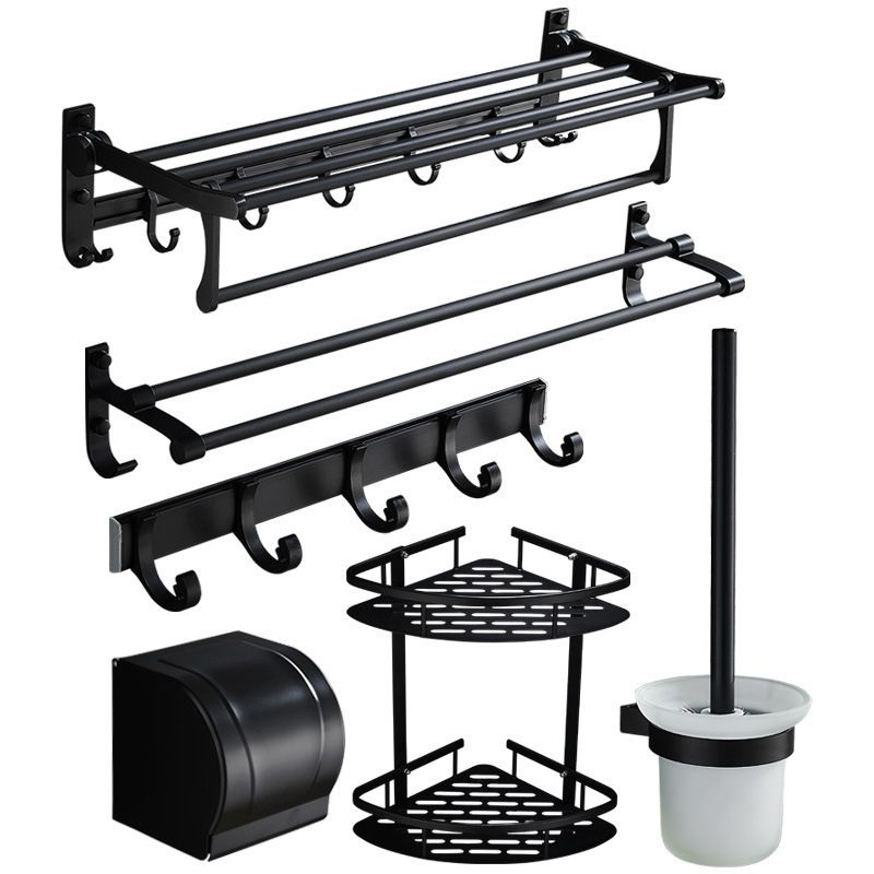 Skorter | 6-piece modern bathroom hardware set in matte black with bathroom shelf/towel holder & bathrobe hooks