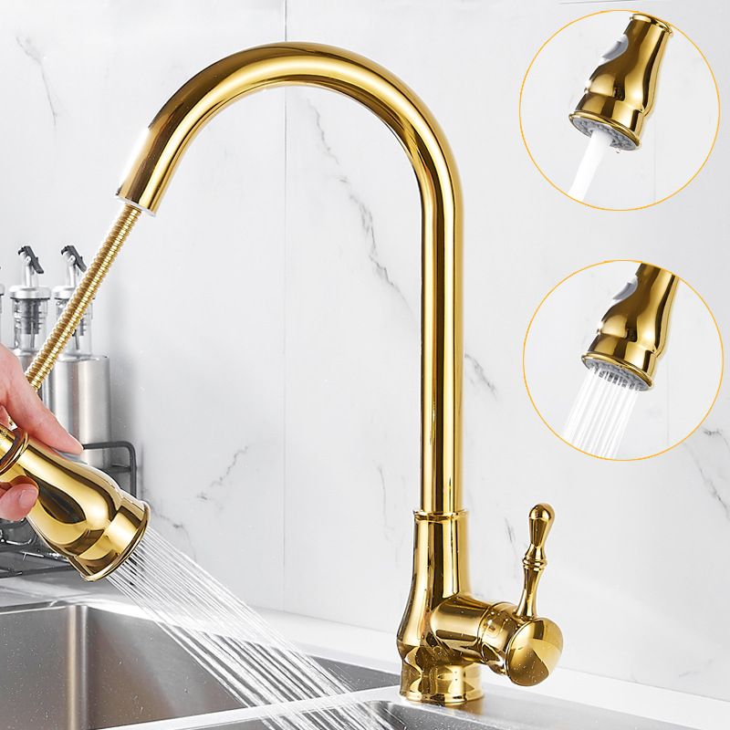 Skorter | Brushed Gold Kitchen Faucet High Arc Swivel Spout with Pull-Down Spray Head