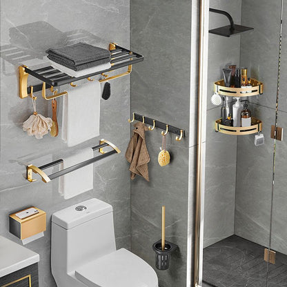 Skorter | Contemporary Bath Accessories Set Black & Golden Bath Shelf/Towel Bar