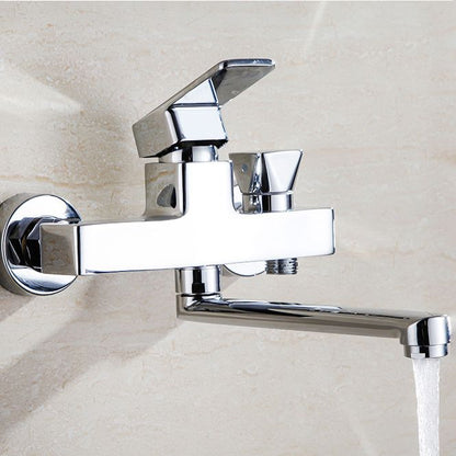 Skorter | Chrome polished bathroom faucet wall-mounted with swivel spout and hand shower