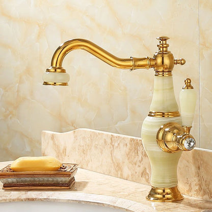 Skorter | Deck Mounted Copper Tub Faucet Low Arc Roman Tub Faucet Set with Jade