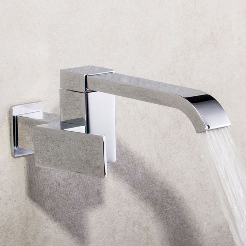 Skorter | Contemporary Wall Mounted Bathroom Faucet Lever Handles Low Arc Swivel Brass Tap