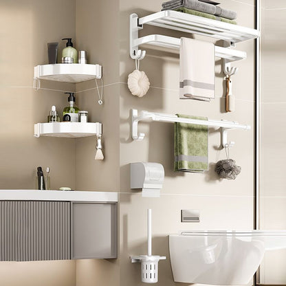 Skorter | Contemporary Bathroom Hardware Set in White with Bath Shelf/Towel Holder/Paper Holder