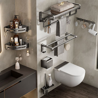 Skorter | Contemporary bathroom accessory set made of matte stainless steel-aluminum with bathrobe hook/towel rail