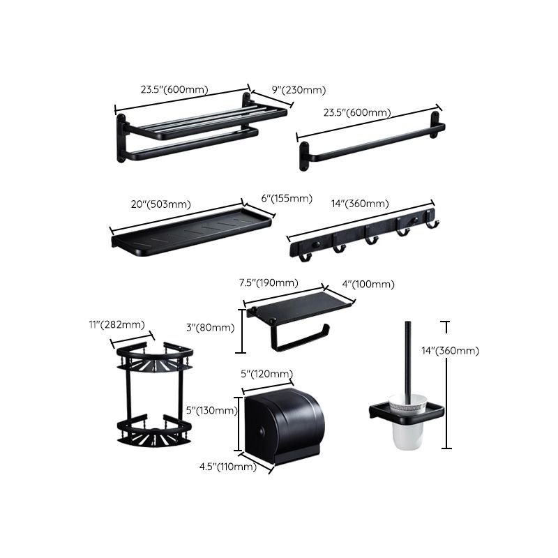Skorter | Contemporary 8-piece Bathroom Accessory Set Matte Black Bathroom Shelf/Paper Holder/Towel Hook