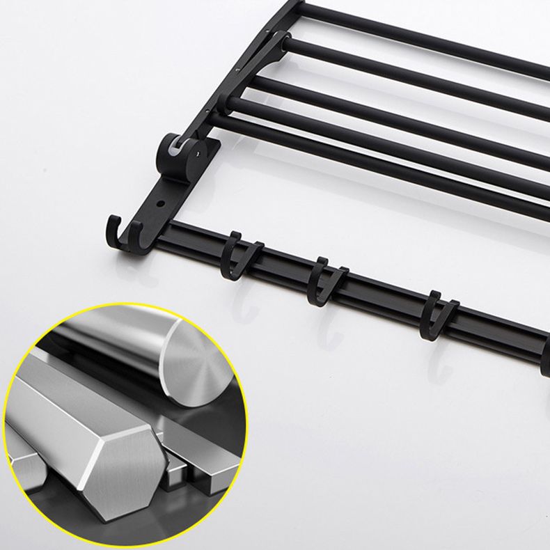 Skorter | 6-piece modern bathroom hardware set in matte black with bathroom shelf/towel holder & bathrobe hook