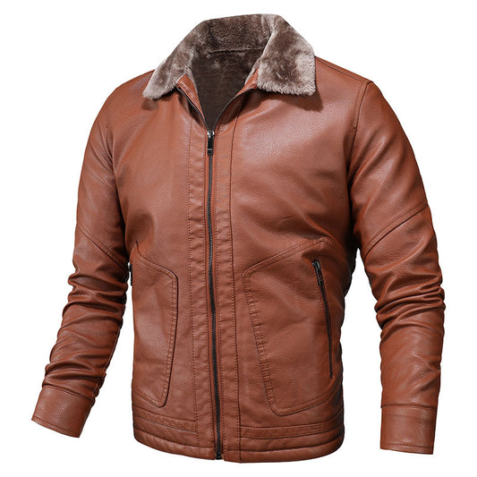 Men's Biker Jacket Made Of High-Quality Leather with Warm Fleece Collar Skorter