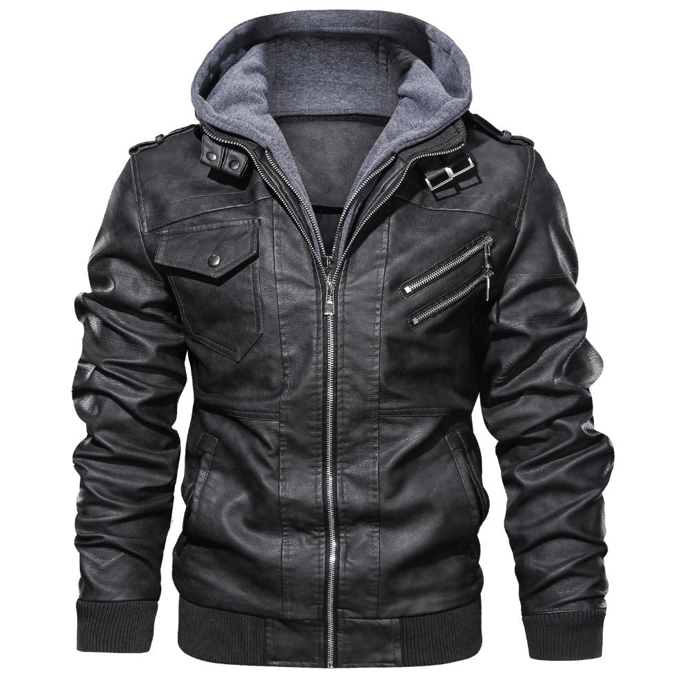 Men's Biker Jacket with Removable Hood and Functional Pockets Skorter