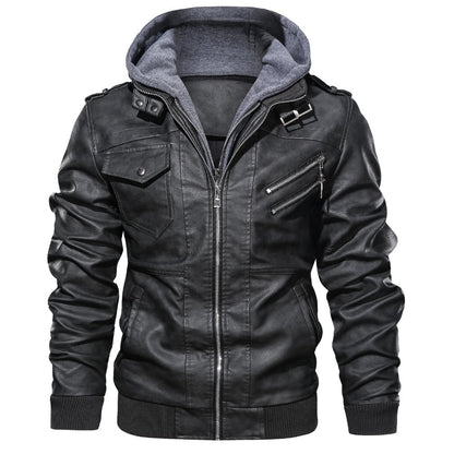 Men's Biker Jacket with Removable Hood and Functional Pockets Skorter