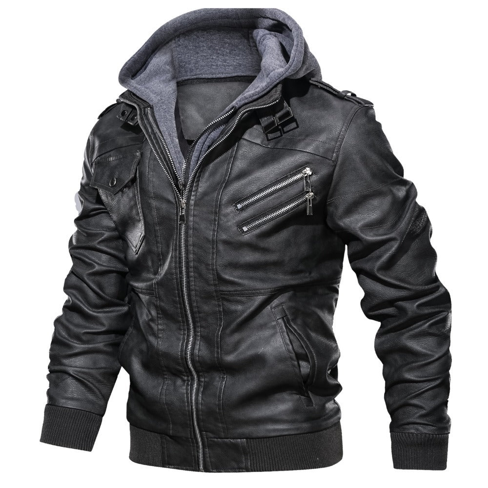Men's Biker Jacket with Removable Hood and Functional Pockets Skorter