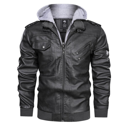 Men's Biker Jacket with Removable Hood and Functional Pockets Skorter