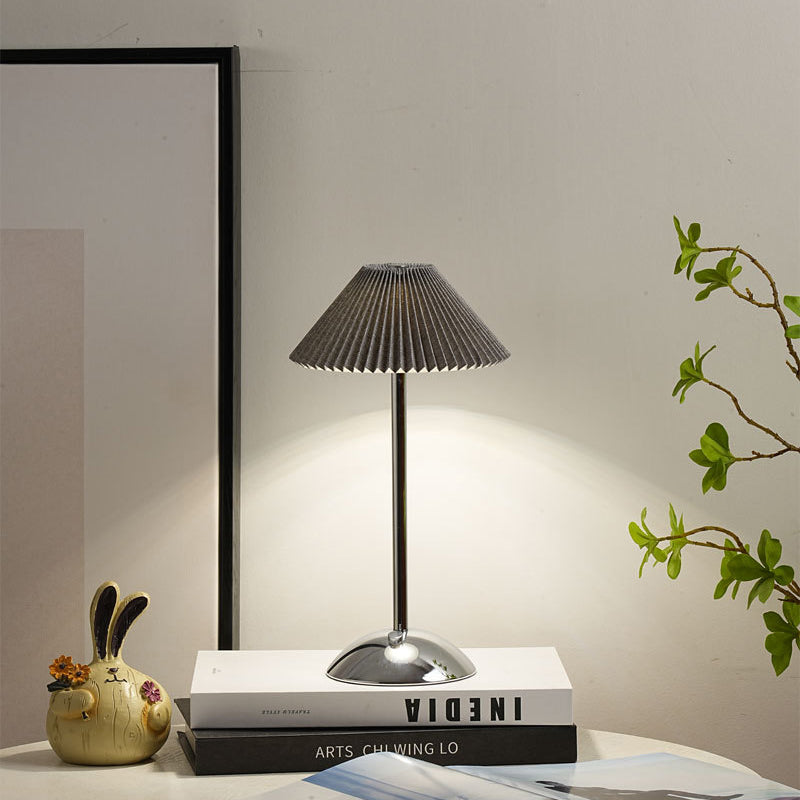 Skorter | Contemporary Scandinavian rechargeable iron fabric cone pleated LED table lamp for bedside