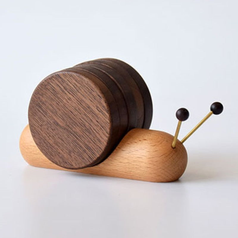 Skorter | Cute Wood Cup Coaster, with 5 Pieces and Snail-shaped Holder, for Cup, Mug, Bowl & More