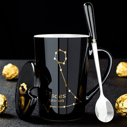 skorter | 12 constellations black ceramic mug with lid spoon
