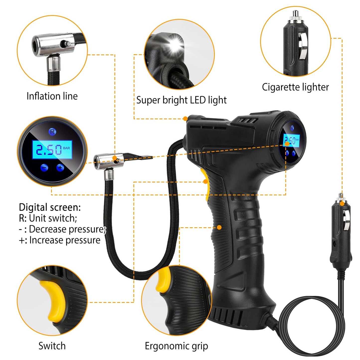 Skorter | 12V Digital Tire Pump with LED Light 150 PSI