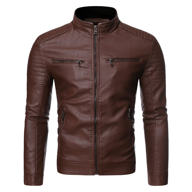Men's biker jacket made of high-quality leather with zippered pockets Skorter