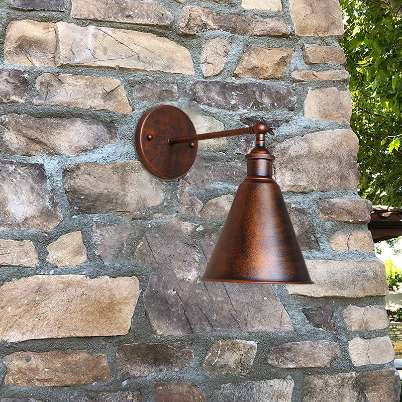Skorter | Black/Rust 1 Head Wall Lamp Farmhouse Style Wrought Iron Conical Adjustable Wall Light Fixture for Outdoor