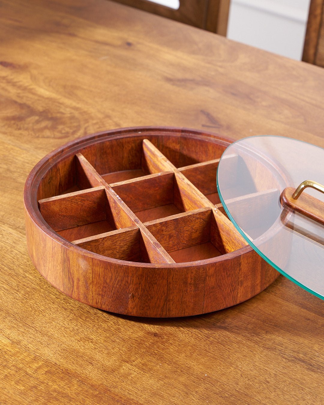 Skorter | BambooSpin – 9-Compartment Serving Tray with Rotating Lid | Premium Bamboo Snack Platter