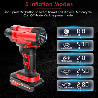 Skorter | 150 PSI 12V Portable Wireless Tire Pump 6000mAh Rechargeable with LED Light