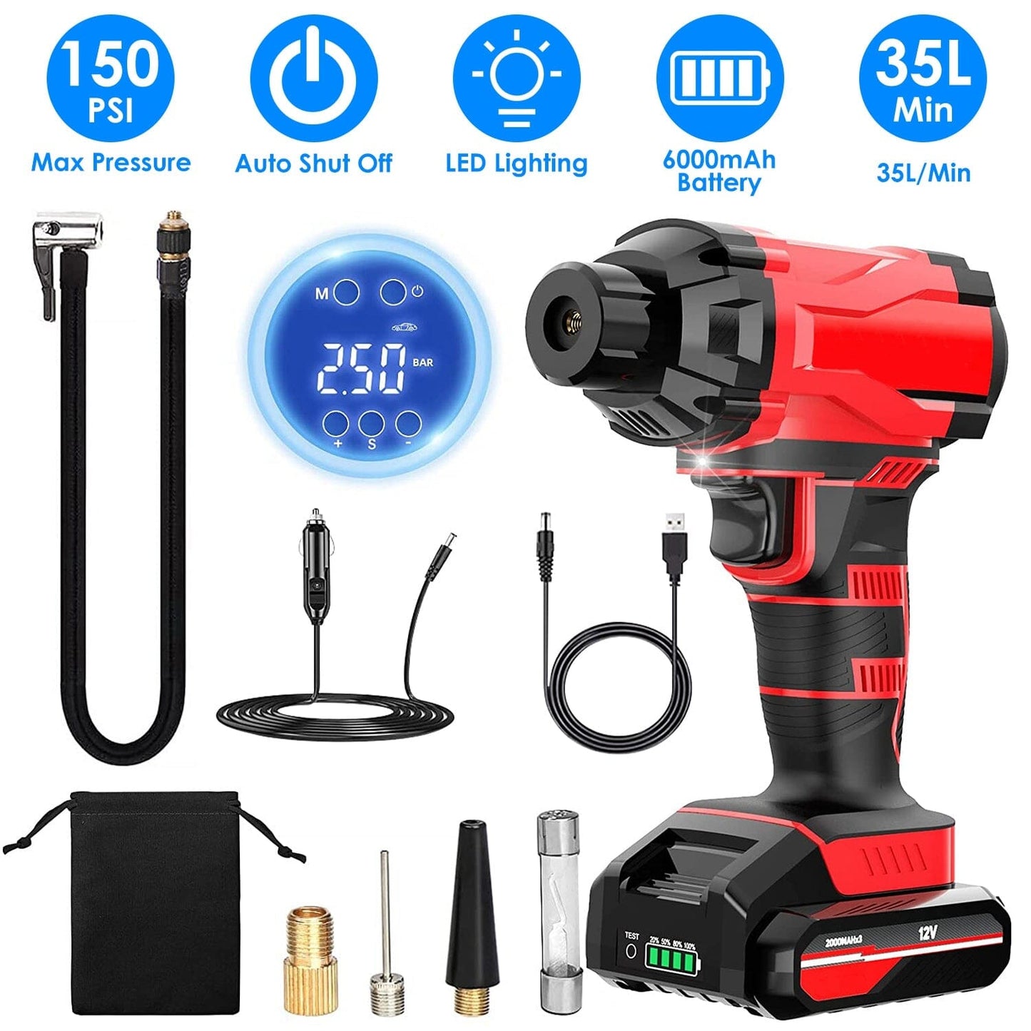 Skorter | 150 PSI 12V Portable Wireless Tire Pump 6000mAh Rechargeable with LED Light