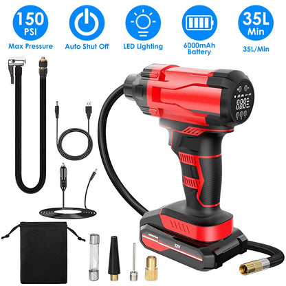 Skorter | 150 PSI 12V Portable Wireless Tire Pump 6000mAh Rechargeable with LED Light