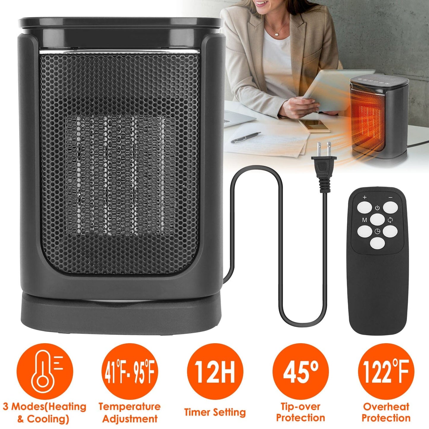 Skorter | 1500W Electric Room Heater Ceramic Heater Fan with 3 Modes Remote Control Digital Display